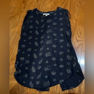 William Rast sleeveless blue top gold succulents pattern Small split back